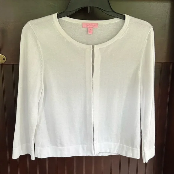 LILLY PULITZER Knit Cropped 3/4 Sleeve Cardigan Preppy Old Money Parisian Size M - Picture 5 of 13